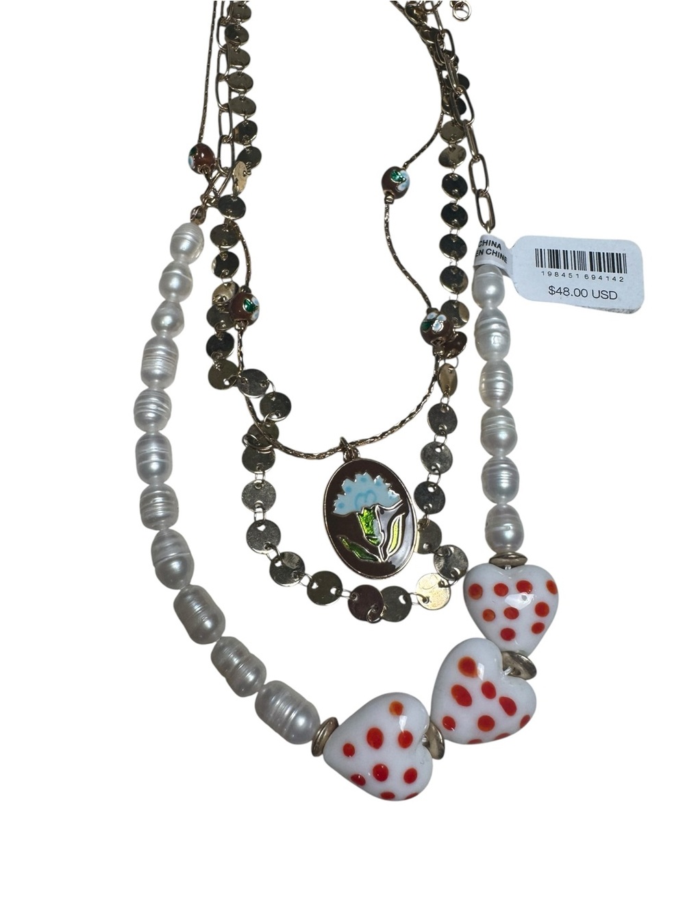 New Free People Faux Pearl Gold Toned Floral Pendant Necklace Set